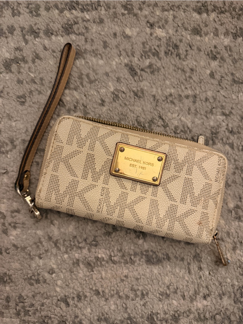 Michael Kors Cream Logo Zip Wristlet with Gold Plate